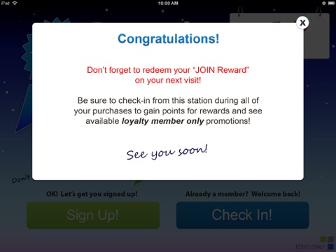 Screenshot of Echo Loyalty Rewards Program Check-In App