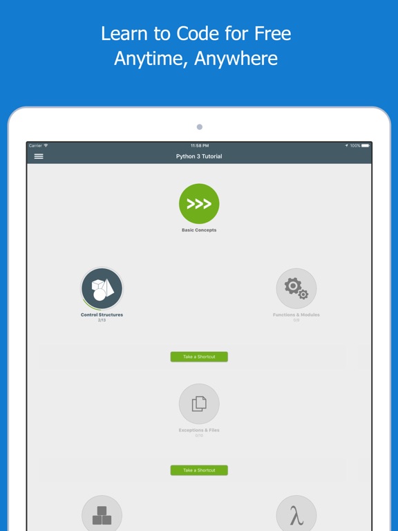 Screenshots of Learn Python for iPad